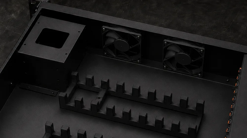Interior of the phone farm deck showing the two cooling fans and the power supply bay above the device cradles