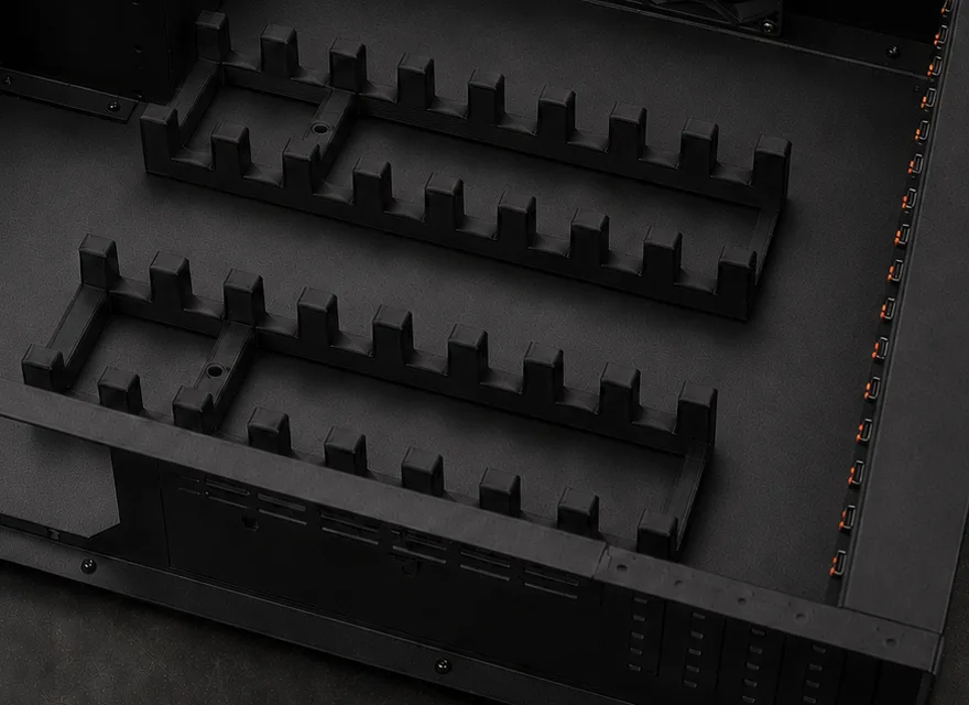 Close view of the deck's slotted device cradles, where Android phones stand upright on their long edge