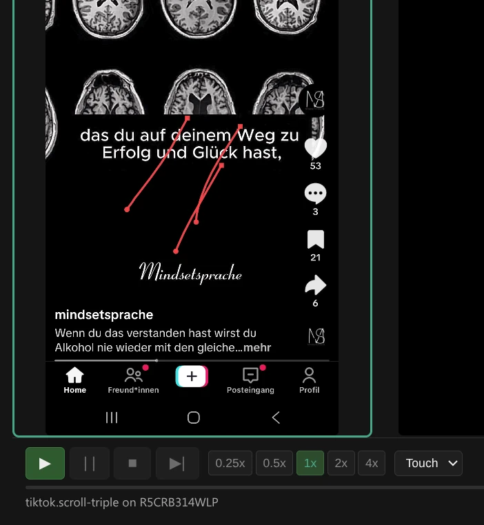 A recorded flow replaying on a phone in the deck, with the swipe gesture paths drawn in red over the app as each stroke is sent to the device