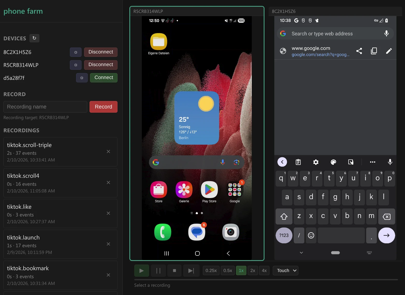 The AiPhoneFarm control software open in a browser: a list of connected devices with connect and disconnect buttons, saved recordings below it, two Android phones mirrored live side by side, and a playback transport bar underneath